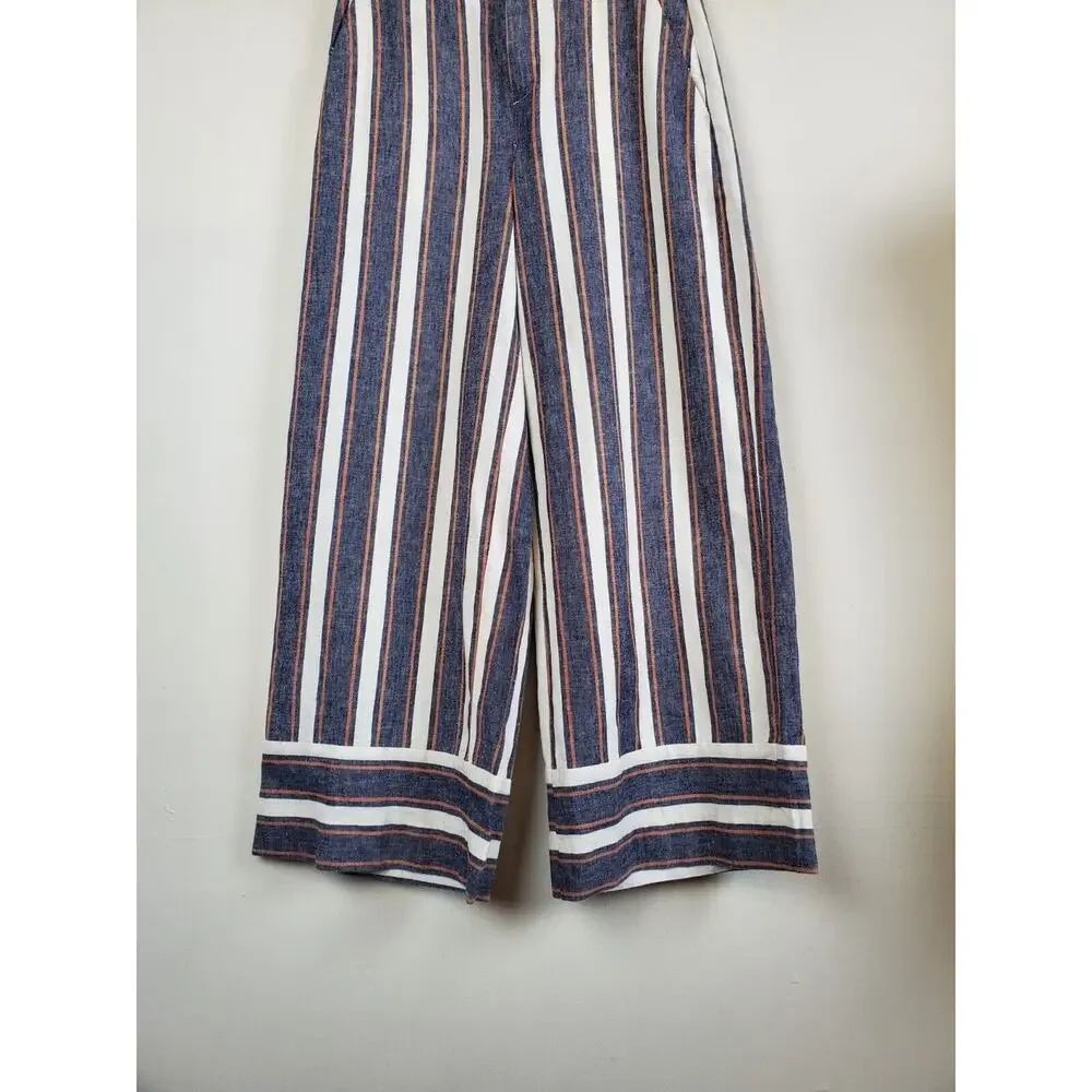 Banana Republic 0 Women LINEN Pants‎ Wide Leg Crop High Rise Striped Blue